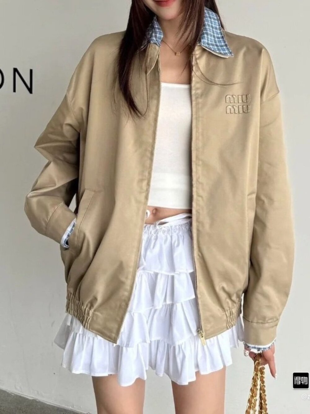 Miu Miu Women's Casual Zip-Collar Faux Two-Piece Jacket — Beige